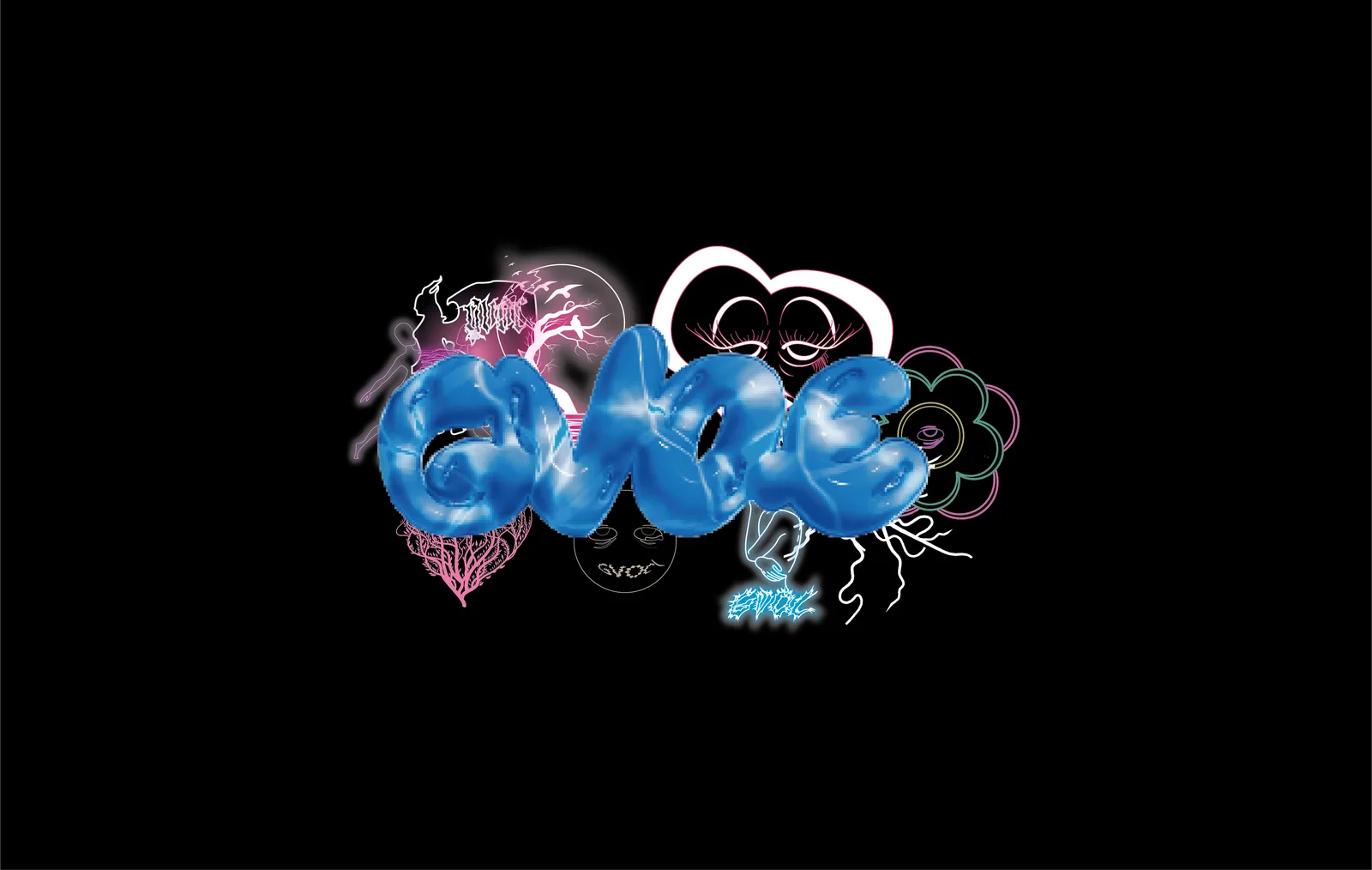 GVOE in blauen Ballonbuchstaben, umgeben von Zeichnungen aus den GVOC-Kollektionen