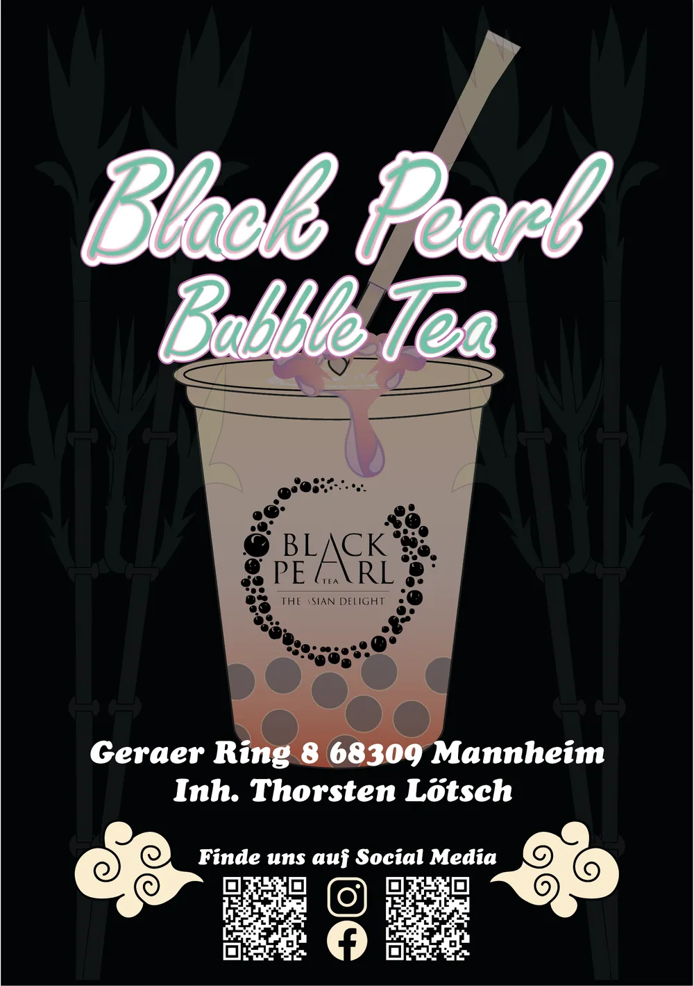 Flyer für einen Bubble-Tea-Laden: Becher mit Strohhalm vor Bambus