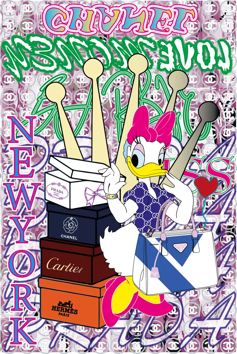 Collage: Comicfigur mit Designer-Kartons vor gemustertem Grund