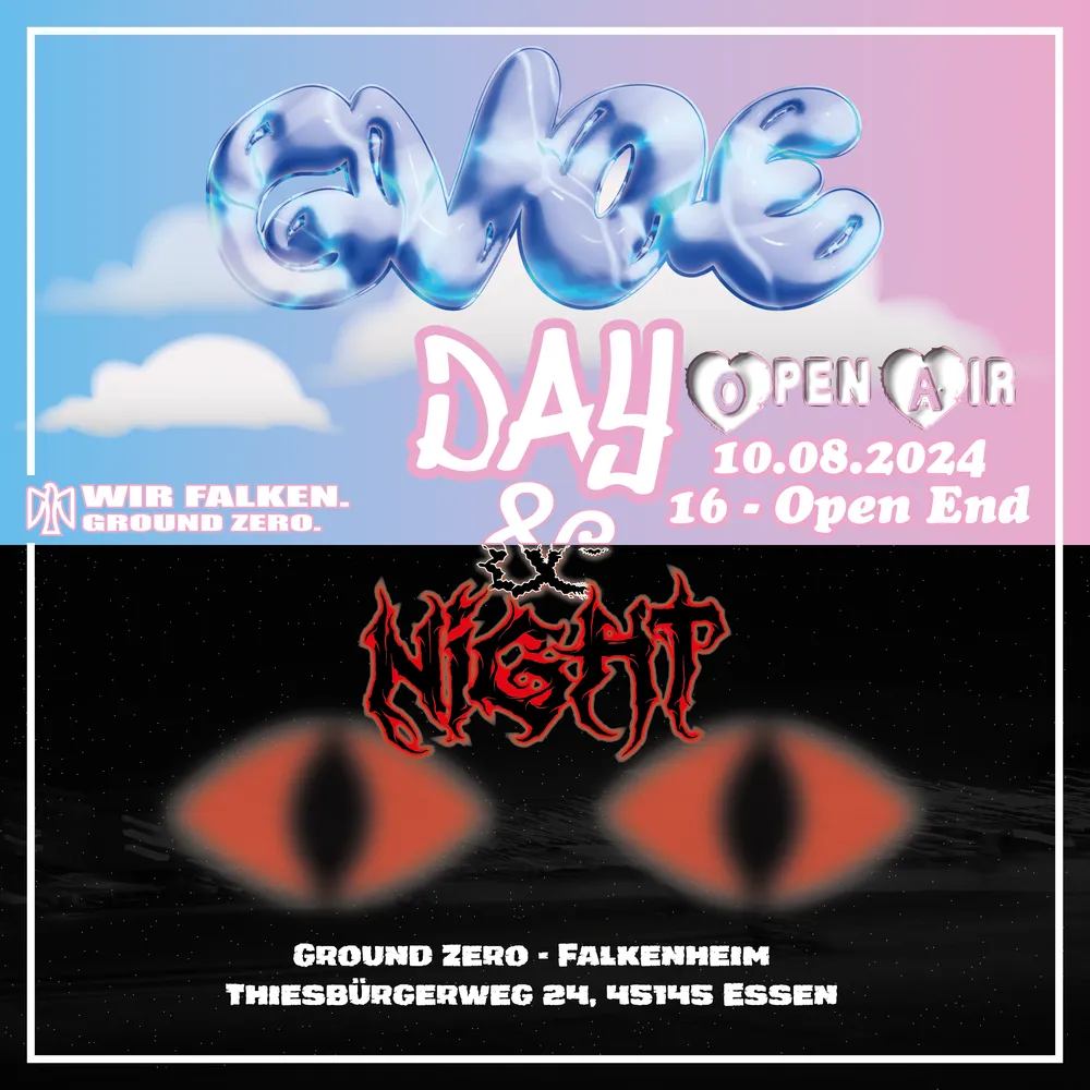 Flyer für ein Open Air: oben Bubble-Lettering im Wolkenhimmel, unten zwei rote Katzenaugen im Dunkeln