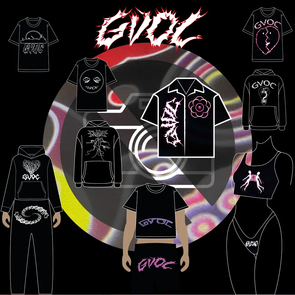 Übersicht einer GVOC-Kollektion: Hoodies, Shirts und Hosen mit Prints