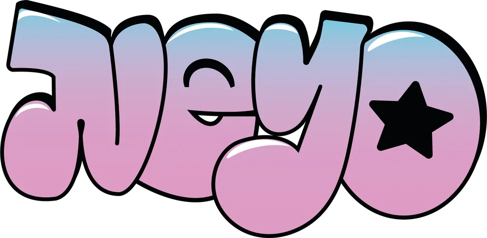 Bubble-Lettering NEYO mit Stern, Verlauf von Blau nach Rosa