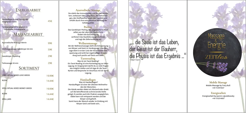 Aufgeklappter Flyer mit Preisliste und Lavendelmotiv für eine Massagepraxis
